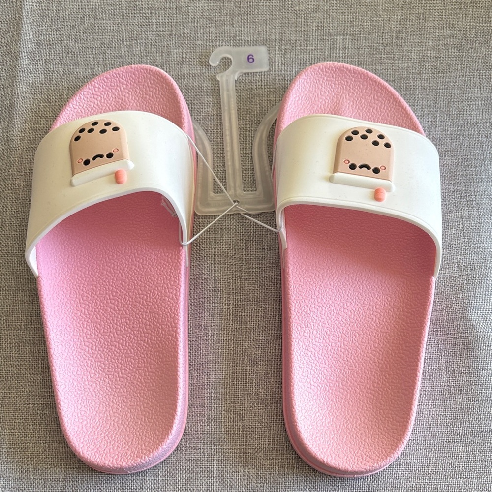 Smoko Pink and White Bubble Boba Tea Slide Sandal Slippers - new!